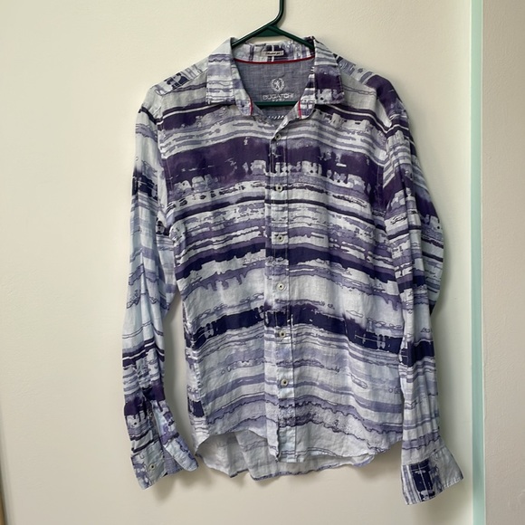 Bugatchi Men's Blue Shaped Fit Linen Button-Up Shirt Purple - Picture 2 of 8